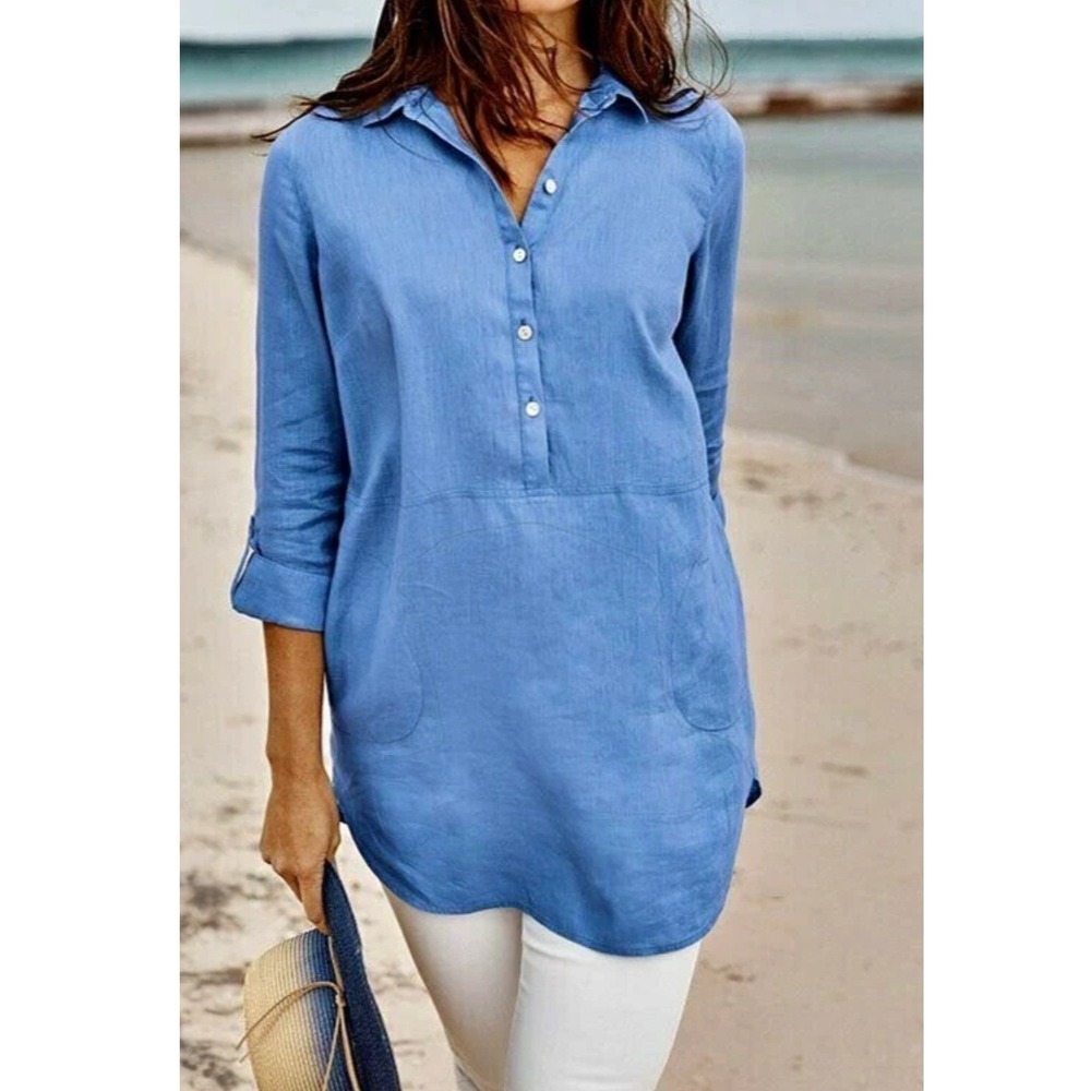 J. Jill Love Linen Blue Tunic Shirt Long Sleeve Pocket Top Small Petite SP